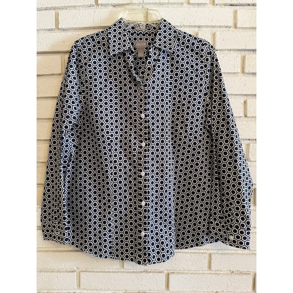Chico's 1 Black White Geo Print Cotton Long Sleeve Button Down Office Sz Med.